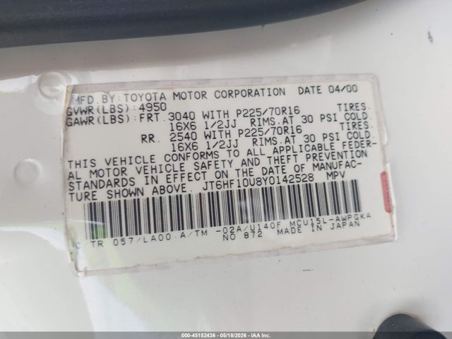 45152436 :رقم المزاد ، JT6HF10U8Y0142528 vin ، 2000 Lexus Rx 300 مزاد بيع