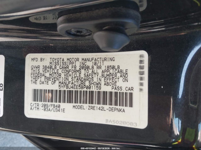 Продажа на аукционе авто 2011 Toyota Corolla Le, vin: 5YFBU4EE5BP001159, номер лота: 45152442