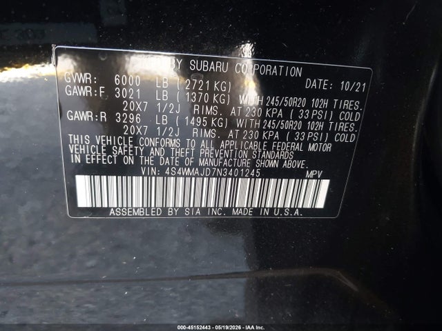 Продаж на аукціоні авто 2022 Subaru Ascent Onyx Edition, vin: 4S4WMAJD7N3401245, номер лоту: 45152443