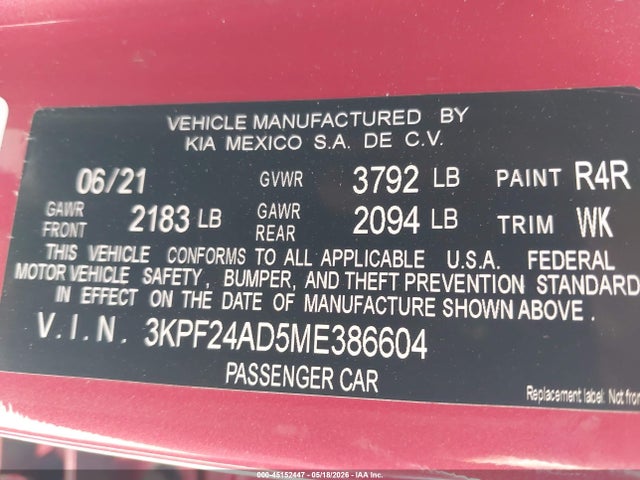 Продажа на аукционе авто 2021 Kia Forte Lxs, vin: 3KPF24AD5ME386604, номер лота: 45152447