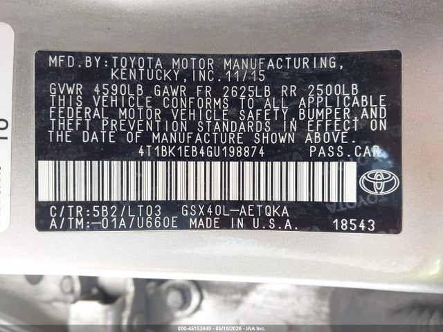 Aukcja sprzedaży 2016 Toyota Avalon Touring, vin: 4T1BK1EB4GU198874, numer aukcji: 45152449