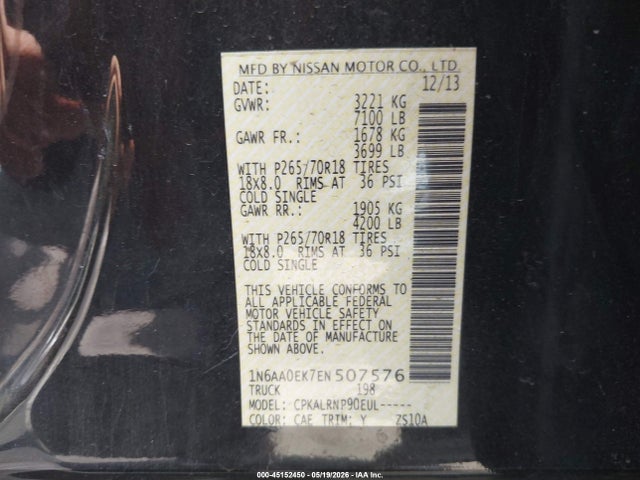 Aukcja sprzedaży 2014 Nissan Titan S, vin: 1N6AA0EK7EN507576, numer aukcji: 45152450