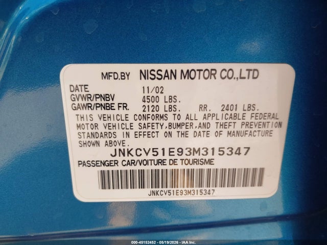 Aukcja sprzedaży 2003 Infiniti G35 Luxury Leather, vin: JNKCV51E93M315347, numer aukcji: 45152452