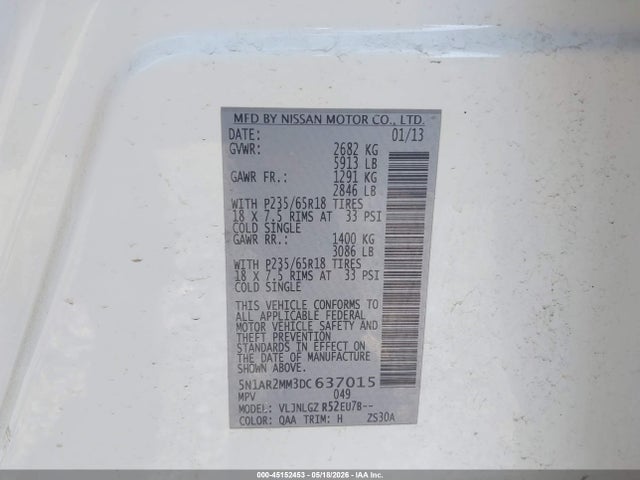 2013 Nissan Pathfinder Sl მანქანა იყიდება აუქციონზე, vin: 5N1AR2MM3DC637015, აუქციონის ნომერი: 45152453