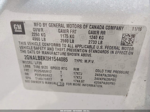 Aukcja sprzedaży 2017 Chevrolet Equinox Ls, vin: 2GNALBEK0H1544085, numer aukcji: 45152458