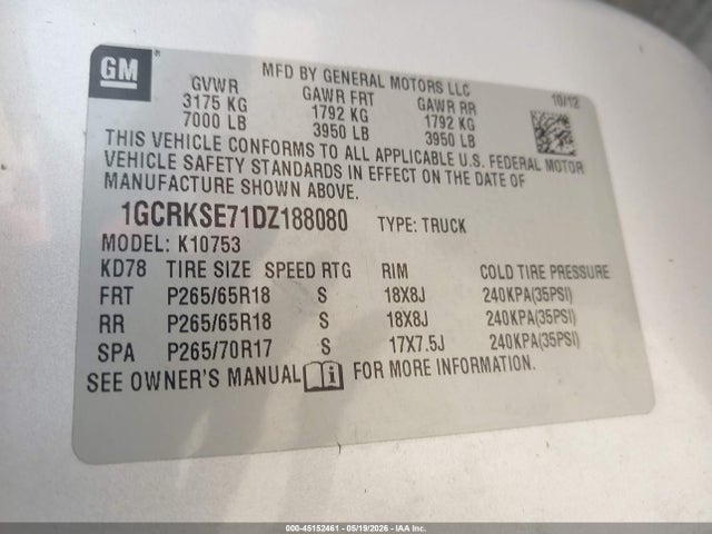 Продаж на аукціоні авто 2013 Chevrolet Silverado 1500 Lt, vin: 1GCRKSE71DZ188080, номер лоту: 45152461