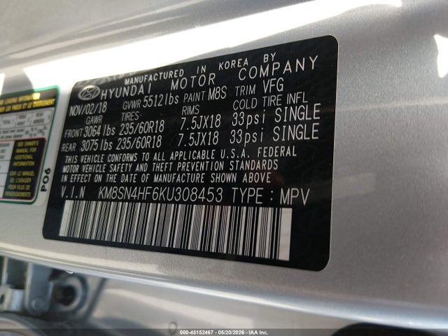 Продаж на аукціоні авто 2019 Hyundai Santa Fe Xl Se, vin: KM8SN4HF6KU308453, номер лоту: 45152467