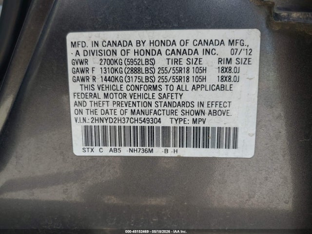 Auction sale of the 2012 Acura Mdx Technology Package, vin: 2HNYD2H37CH549304, lot number: 45152469