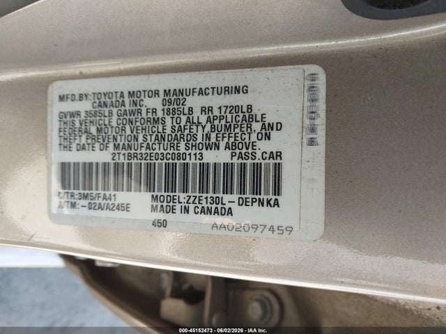 Продажа на аукционе авто 2003 Toyota Corolla Le, vin: 2T1BR32E03C080113, номер лота: 45152473