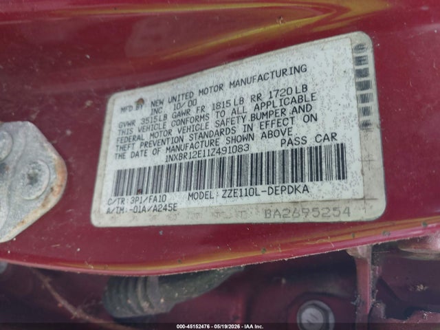 Aukcja sprzedaży 2001 Toyota Corolla Le, vin: 1NXBR12E11Z491083, numer aukcji: 45152476