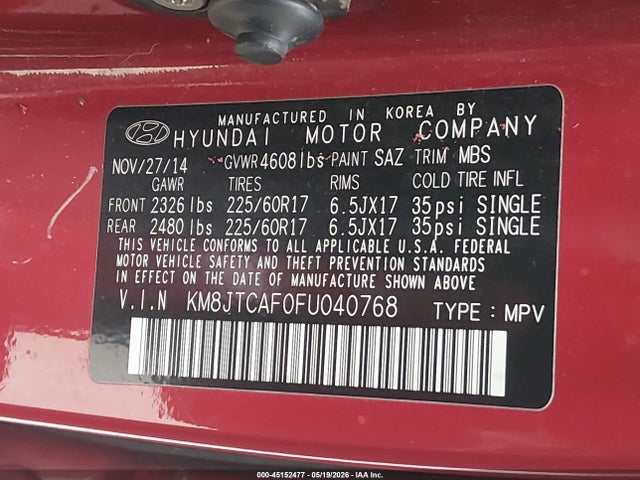 Aukcja sprzedaży 2015 Hyundai Tucson Gls, vin: KM8JTCAF0FU040768, numer aukcji: 45152477
