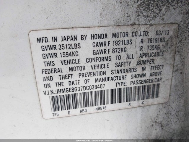 45152480 :رقم المزاد ، JHMGE8G37DC038407 vin ، 2013 Honda Fit مزاد بيع