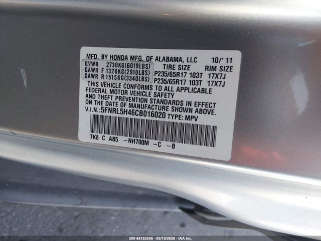 2012 Honda Odyssey Ex მანქანა იყიდება აუქციონზე, vin: 5FNRL5H46CB016020, აუქციონის ნომერი: 45152486