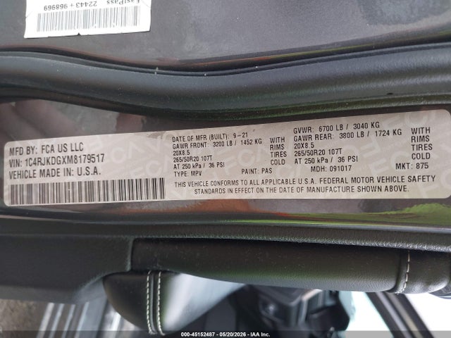 1C4RJKDGXM8179517 Jeep Grand Cherokee L Overland 4x4