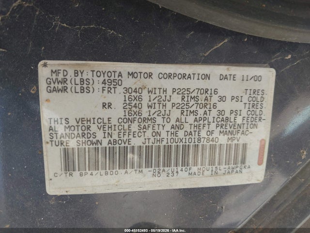 45152493 :رقم المزاد ، JTJHF10UX10187840 vin ، 2001 Lexus Rx 300 مزاد بيع
