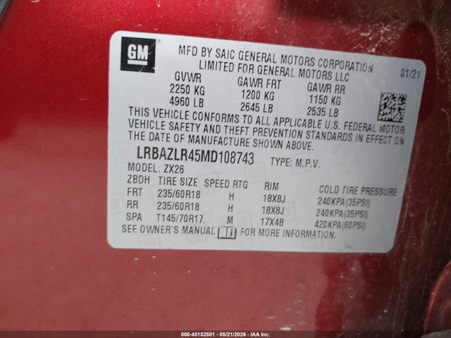 Aukcja sprzedaży 2021 Buick Envision Fwd Preferred, vin: LRBAZLR45MD108743, numer aukcji: 45152501