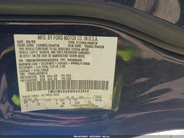 Продаж на аукціоні авто 1998 Mercury Sable Gs/ls, vin: 1MEFM50U8WG652054, номер лоту: 45152503