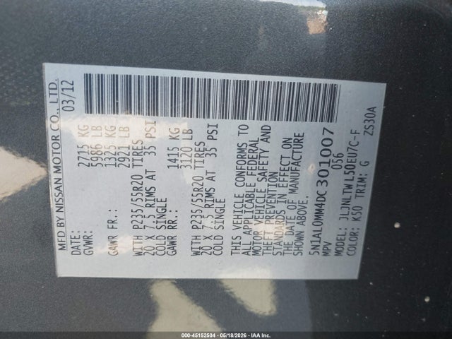 Продаж на аукціоні авто 2013 Infiniti Jx35, vin: 5N1AL0MM4DC301007, номер лоту: 45152504