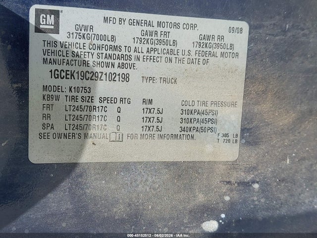 45152512 :رقم المزاد ، 3GCEK13C47G509798 vin ، 2007 Chevrolet Silverado 1500 Lt1 مزاد بيع