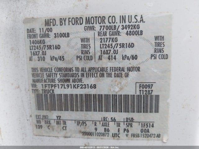 45152513 :رقم المزاد ، 1FTPF17L91KF23168 vin ، 2001 Ford F-150 Xl/xlt مزاد بيع