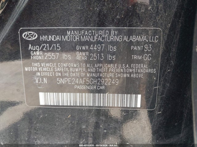 Auction sale of the 2016 Hyundai Sonata Se, vin: 5NPE24AF5GH292249, lot number: 45152520