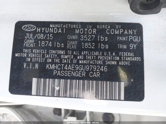 2016 Hyundai Accent Se მანქანა იყიდება აუქციონზე, vin: KMHCT4AE9GU979246, აუქციონის ნომერი: 45152521