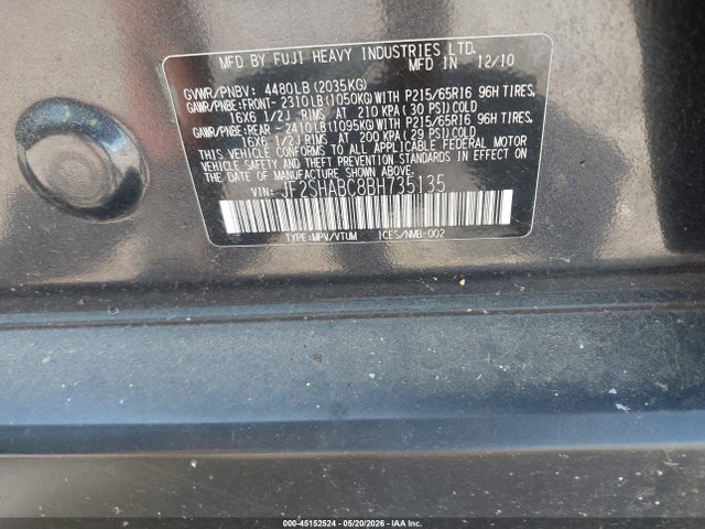 2011 Subaru Forester 2.5x მანქანა იყიდება აუქციონზე, vin: JF2SHABC8BH735135, აუქციონის ნომერი: 45152524