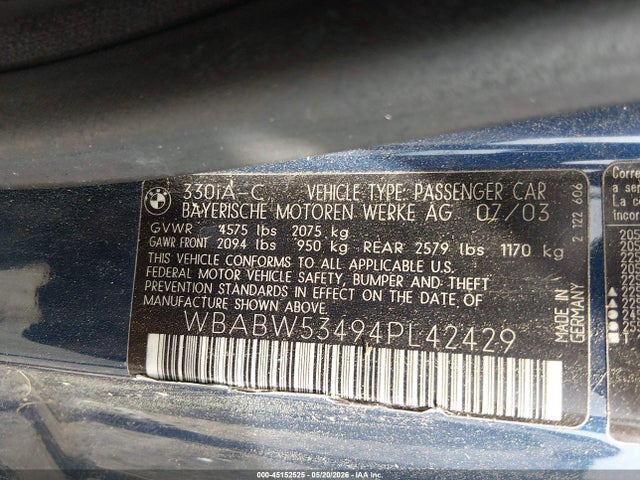 Продаж на аукціоні авто 2004 Bmw 330ci, vin: WBABW53494PL42429, номер лоту: 45152525