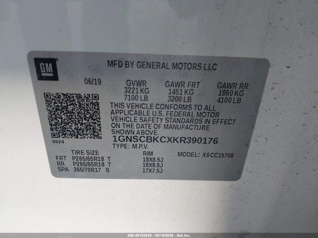 Aukcja sprzedaży 2019 Chevrolet Tahoe Lt, vin: 1GNSCBKCXKR390176, numer aukcji: 45152529