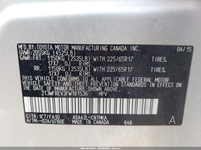 2T3WFREV3FW181536 Toyota Rav4 Xle