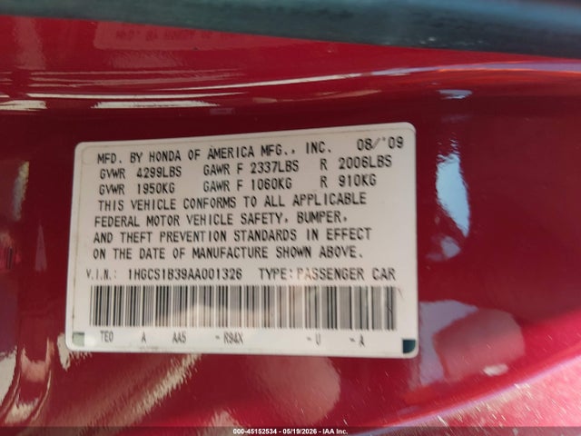 Aukcja sprzedaży 2010 Honda Accord 2.4 Lx-s, vin: 1HGCS1B39AA001326, numer aukcji: 45152534