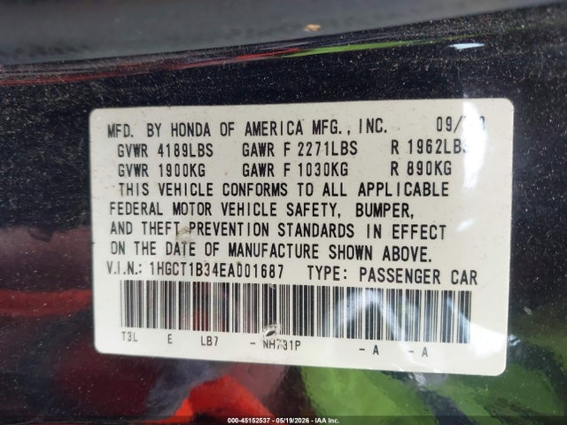2014 Honda Accord Lx-s მანქანა იყიდება აუქციონზე, vin: 1HGCT1B34EA001687, აუქციონის ნომერი: 45152537