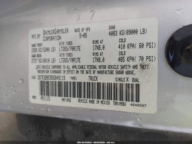 Aukcja sprzedaży 2005 Dodge Ram 2500 Slt/laramie, vin: 3D7KS28C85G849119, numer aukcji: 45152545