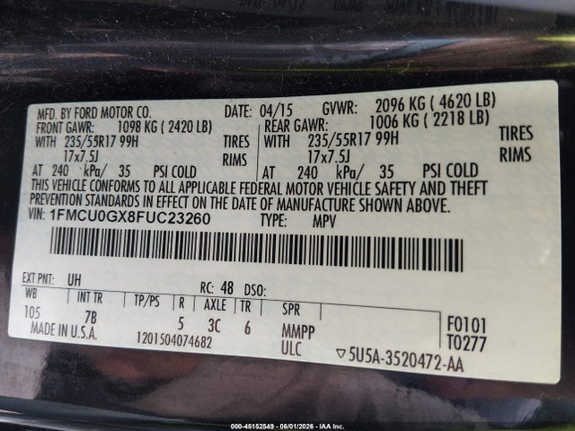 Продаж на аукціоні авто 2015 Ford Escape Se, vin: 1FMCU0GX8FUC23260, номер лоту: 45152549