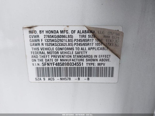 Aukcja sprzedaży 2009 Honda Pilot Ex-l, vin: 5FNYF48589B034551, numer aukcji: 45152553