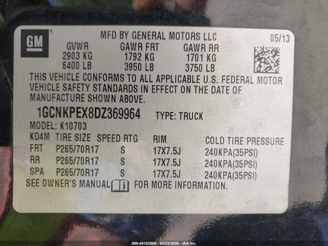 45152560 :رقم المزاد ، 1GCNKPEX8DZ369964 vin ، 2013 Chevrolet Silverado 1500 Work Truck مزاد بيع