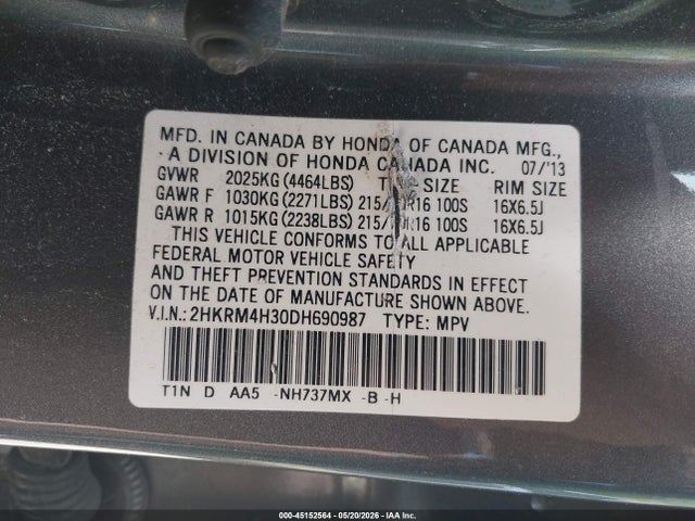 45152564 :رقم المزاد ، 2HKRM4H30DH690987 vin ، 2013 Honda Cr-v Lx مزاد بيع