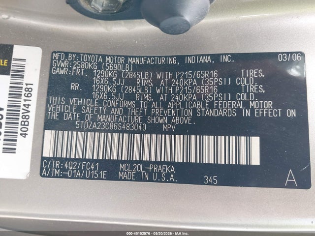 45152576 :رقم المزاد ، 5TDZA23C86S483040 vin ، 2006 Toyota Sienna Le مزاد بيع