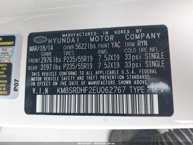 KM8SRDHF2EU062767 Hyundai Santa Fe Limited