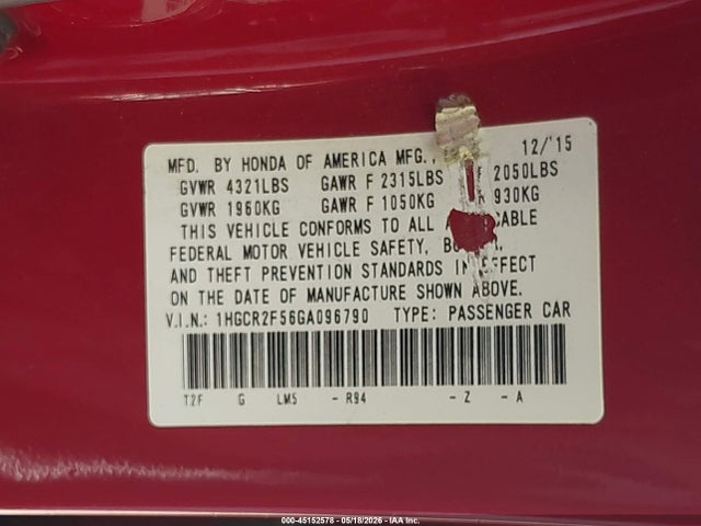 1HGCR2F56GA096790 Honda Accord Sport