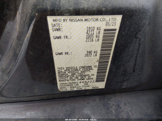 Aukcja sprzedaży 2015 Nissan Altima 2.5/2.5 S/2.5 Sl/2.5 Sv, vin: 1N4AL3AP6FC449222, numer aukcji: 45152592