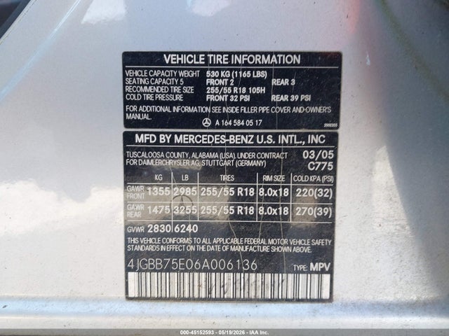 Продаж на аукціоні авто 2006 Mercedes-benz Ml 500 4matic, vin: 4JGBB75E06A006136, номер лоту: 45152593