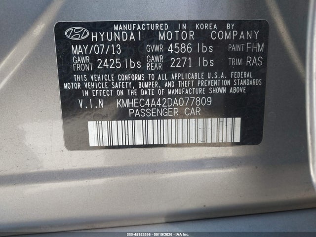 2013 Hyundai Sonata Hybrid მანქანა იყიდება აუქციონზე, vin: KMHEC4A42DA077809, აუქციონის ნომერი: 45152596