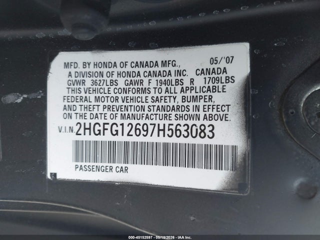 Продажа на аукционе авто 2007 Honda Civic Lx, vin: 2HGFG12697H563083, номер лота: 45152597