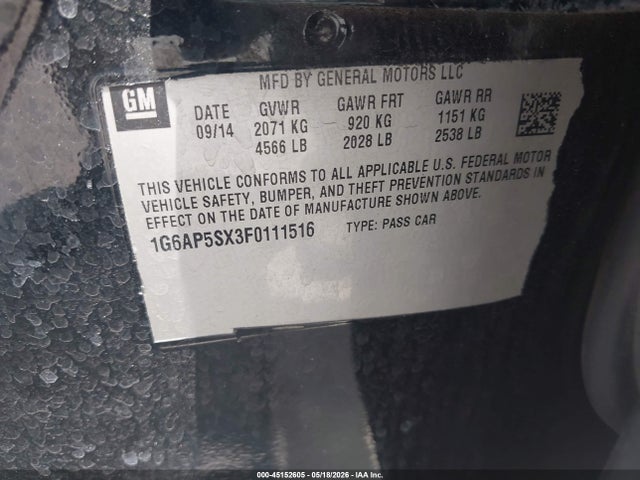 45152605 :رقم المزاد ، 1G6AP5SX3F0111516 vin ، 2015 Cadillac Cts Standard مزاد بيع