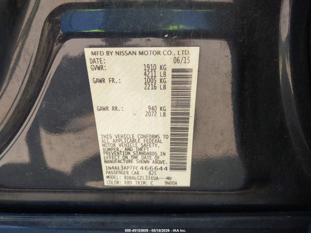 Продаж на аукціоні авто 2015 Nissan Altima 2.5 S, vin: 1N4AL3AP7FC466644, номер лоту: 45152609