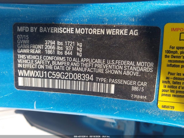 Aukcja sprzedaży 2016 Mini Hardtop Cooper, vin: WMWXU1C59G2D08394, numer aukcji: 45152614
