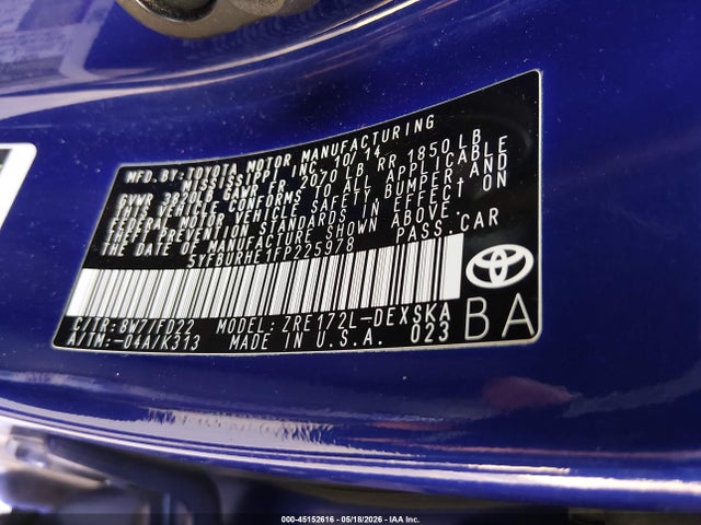2015 Toyota Corolla S მანქანა იყიდება აუქციონზე, vin: 5YFBURHE1FP225978, აუქციონის ნომერი: 45152616