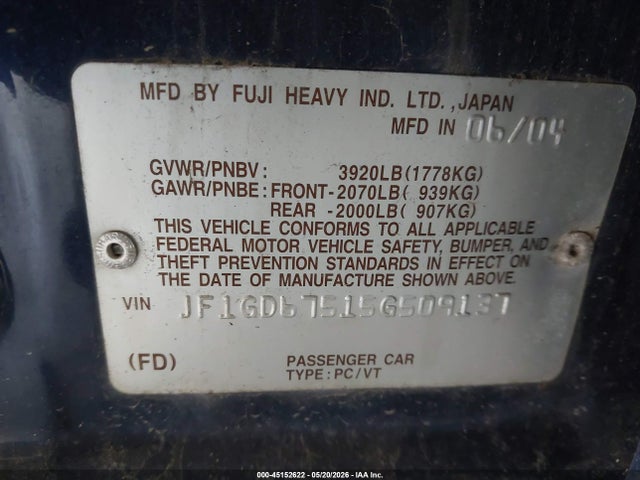 Продажа на аукционе авто 2005 Subaru Impreza 2.5rs, vin: JF1GD67515G509137, номер лота: 45152622