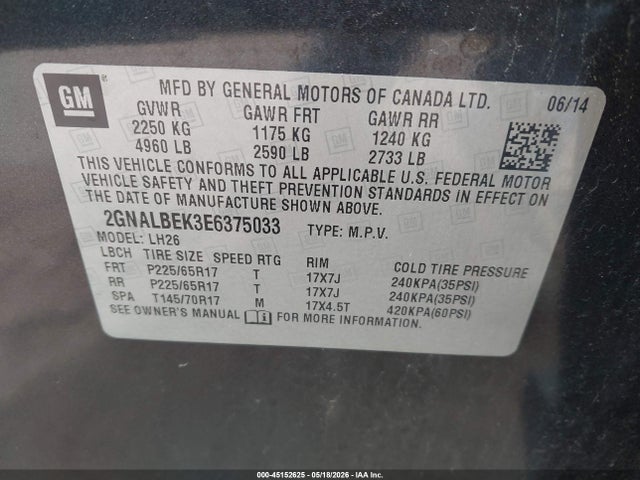 2014 Chevrolet Equinox 1lt მანქანა იყიდება აუქციონზე, vin: 2GNALBEK3E6375033, აუქციონის ნომერი: 45152625
